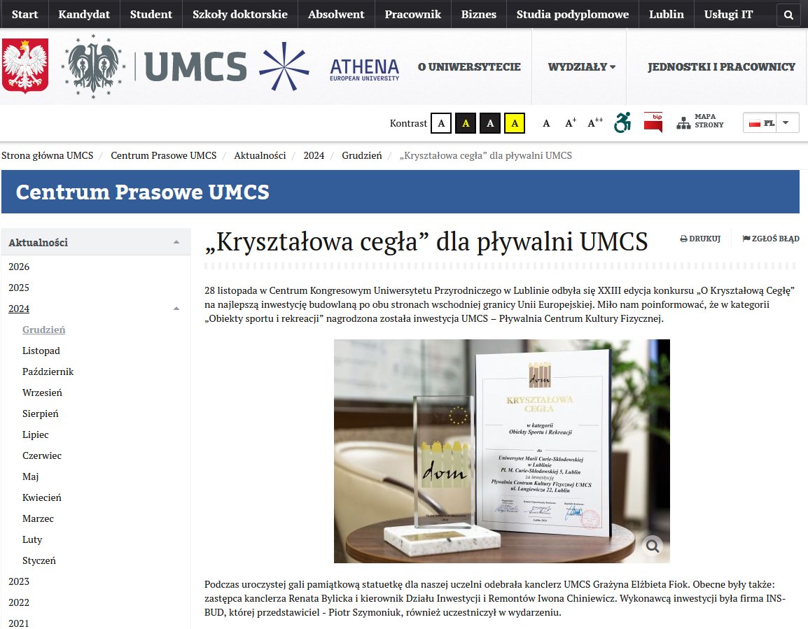 UMCS - „Kryształowa cegła” dla pływalni UMCS