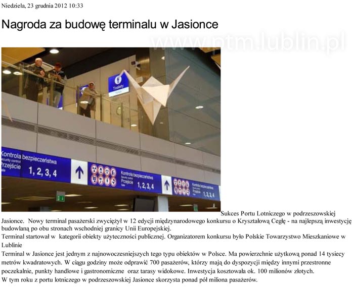 Nagroda za budowę terminalu w Jasionce