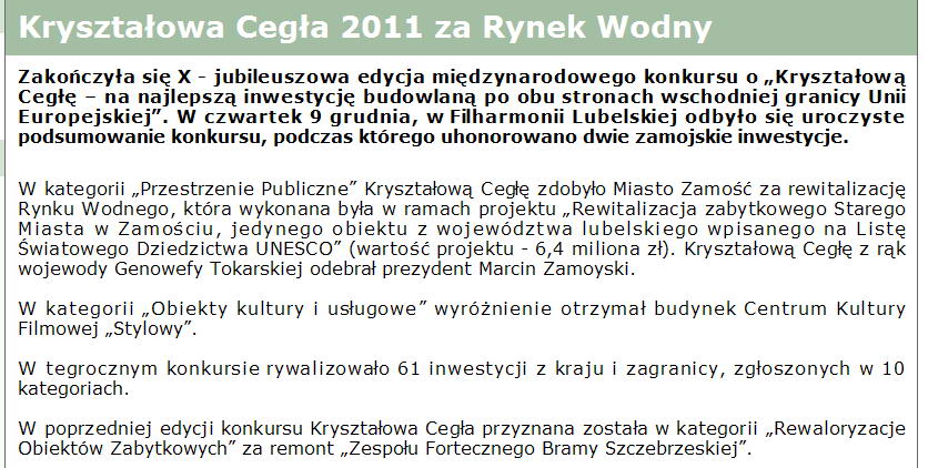 Kryształowa Cegła 2011 za Rynek Wodny