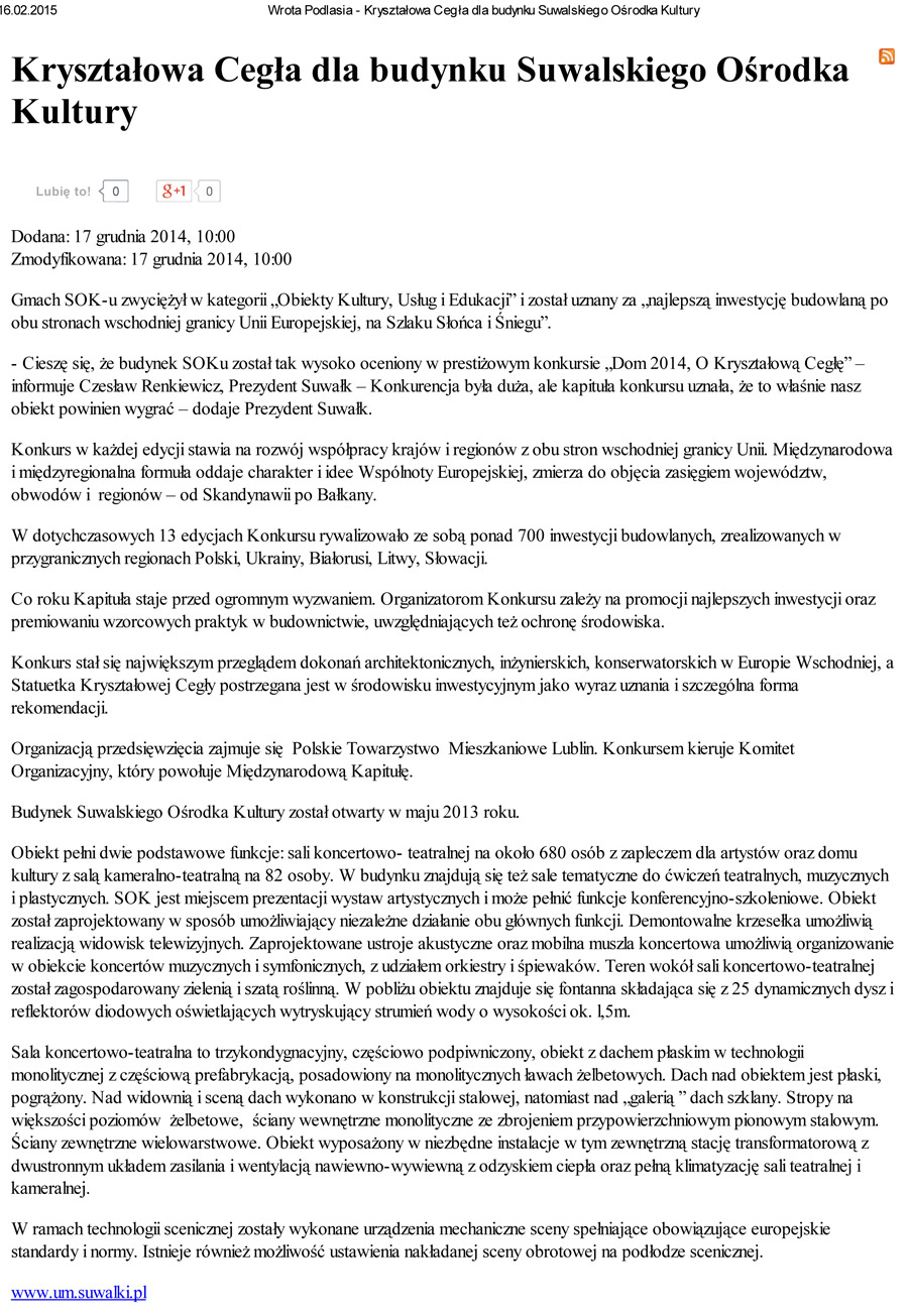 Kryształowa Cegła dla budynku Suwalskiego Ośrodka
Kultury