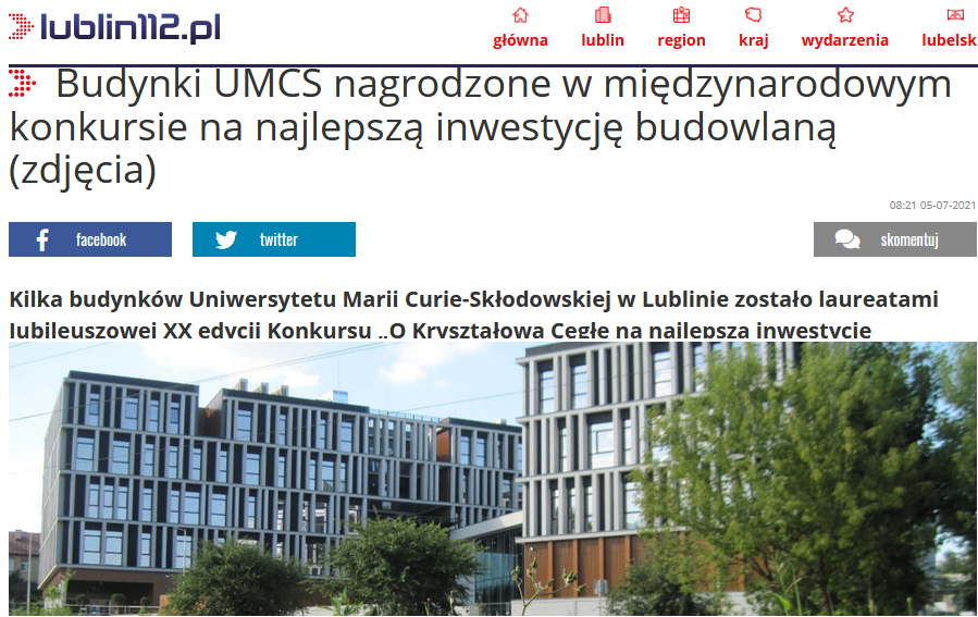 Budynki UMCS nagrodzone w międzynarodowym konkursie na najlepszą inwestycję budowlaną 