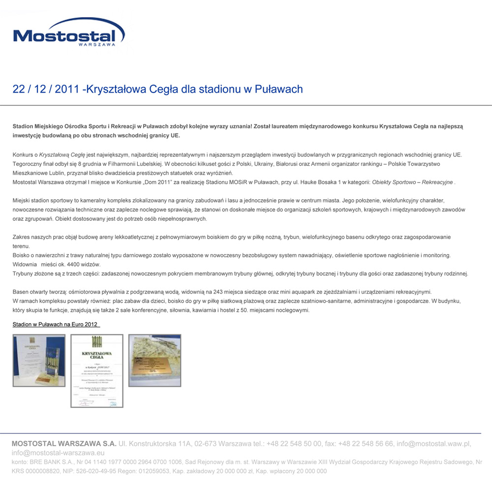 Kryształowa Cegła dla stadionu w Puławach