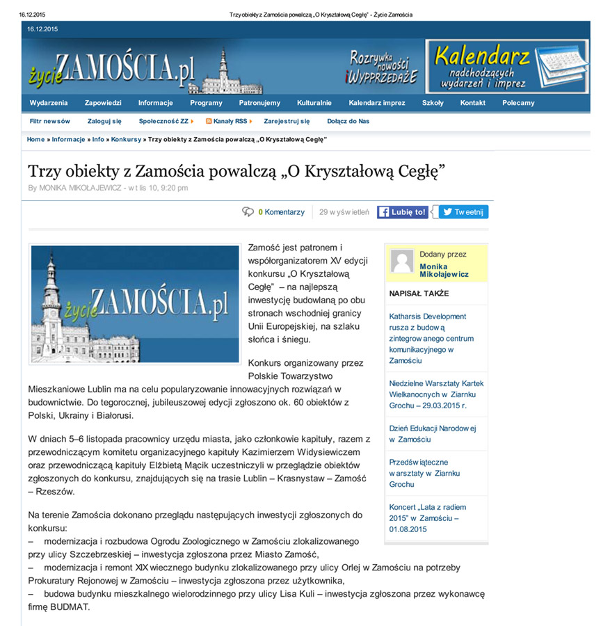 Trzy obiekty z Zamościa powalczą o "Kryształową Cegłę"